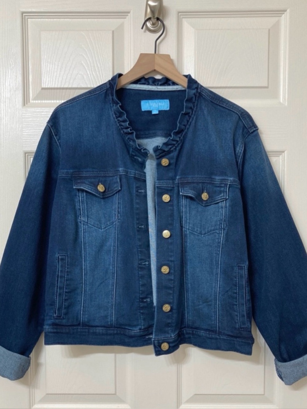 Draper James RSVP Classic Dark Wash Denim Jean Jacket with Ruffle Collar XXL
